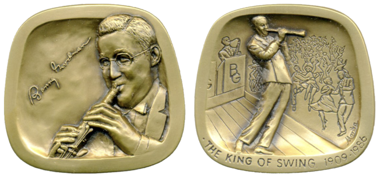 Benny Goodman medal designed by Marika Somogyi, struck by Medallic Art Company in quantities of 300 bronze, 110 pure silver and 20 10kt gold. Obverse: Portrait, Benny Goodman (signature), Reverse: Benny Goodman with band and dancers, THE KING OF SWING 1909-1986, Marika. 47 x 45 mm.